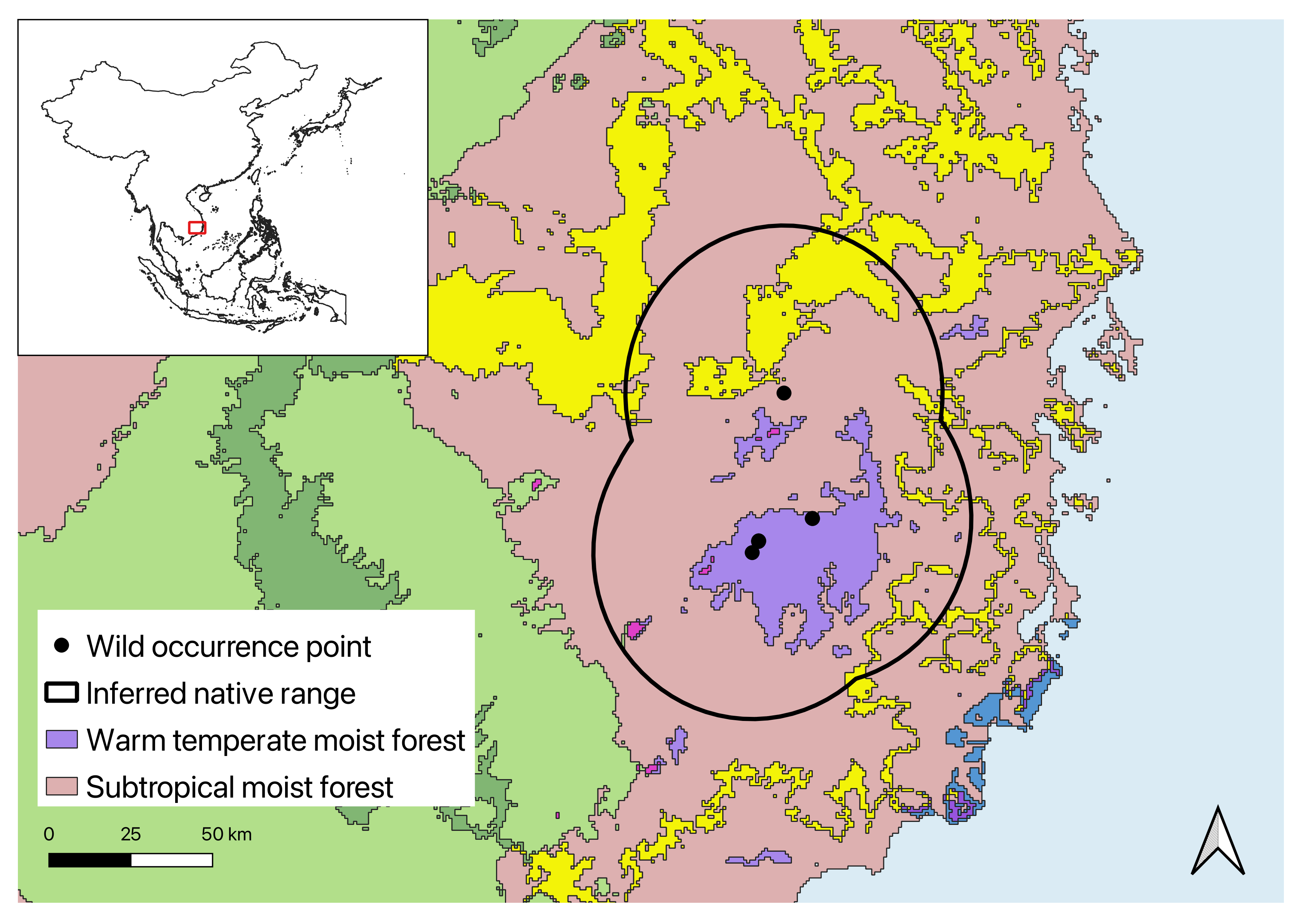 Fig 2_bidoupensis.png: Holdridge life zones within the inferred native range of Quercus bidoupensis, a Critically Endangered Vi