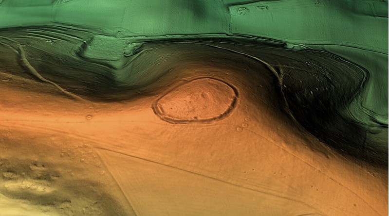 Digital terrain model of the Chanctonbury Ring hill fort, West Sussex, England.  Planting of trees on the ramparts created a cir
